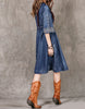 Mid-length sleeved front embroidery denim dress