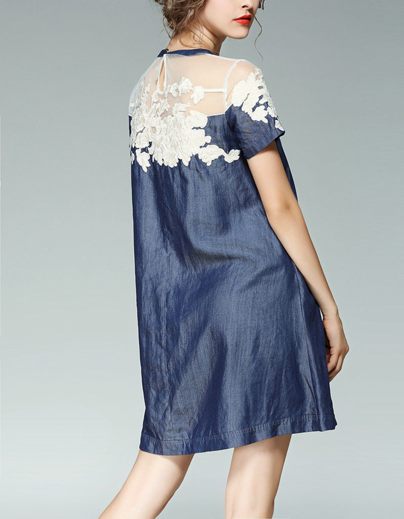 Short sleeve A-line denim dress with embroidery and beads