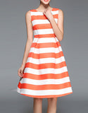 Sleeveless orange stripes with white base mid-length dress