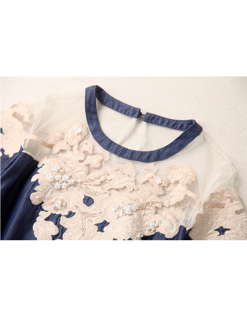 Short sleeve A-line denim dress with embroidery and beads