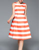 Sleeveless orange stripes with white base mid-length dress