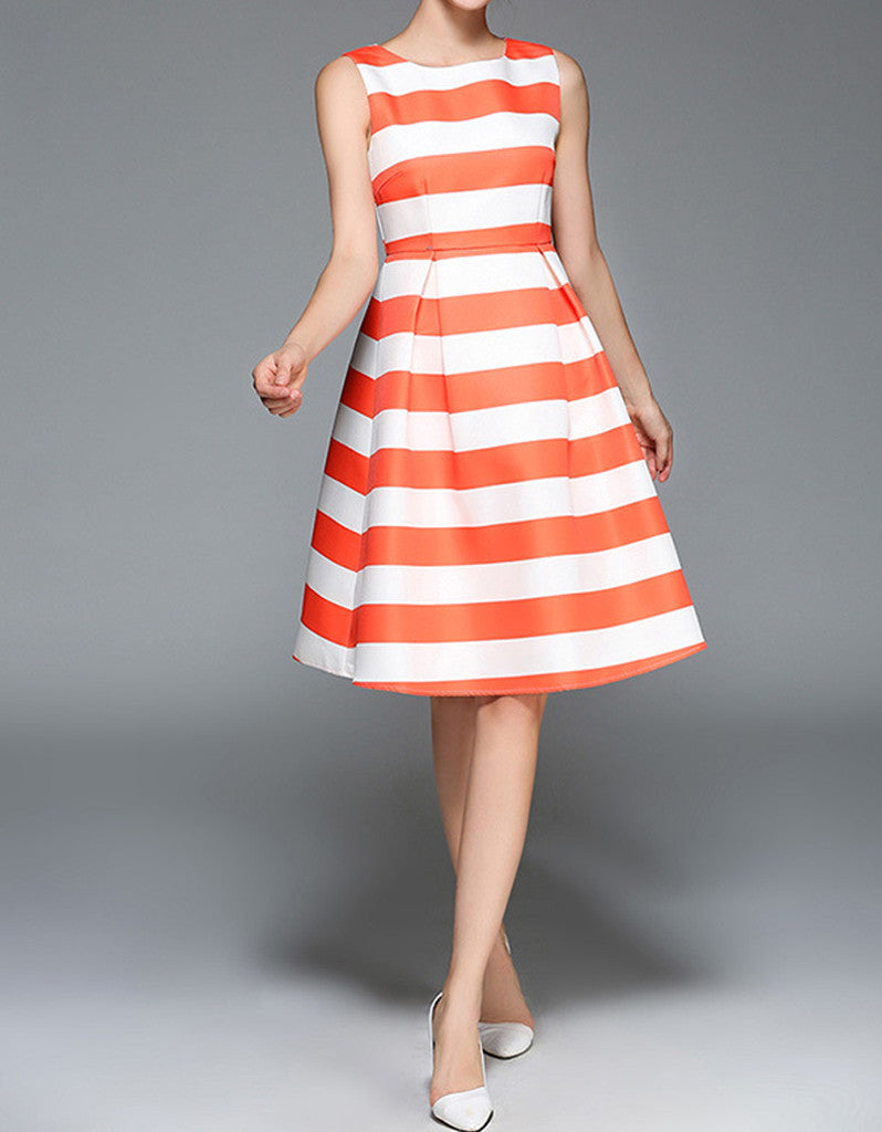 Sleeveless orange stripes with white base mid-length dress