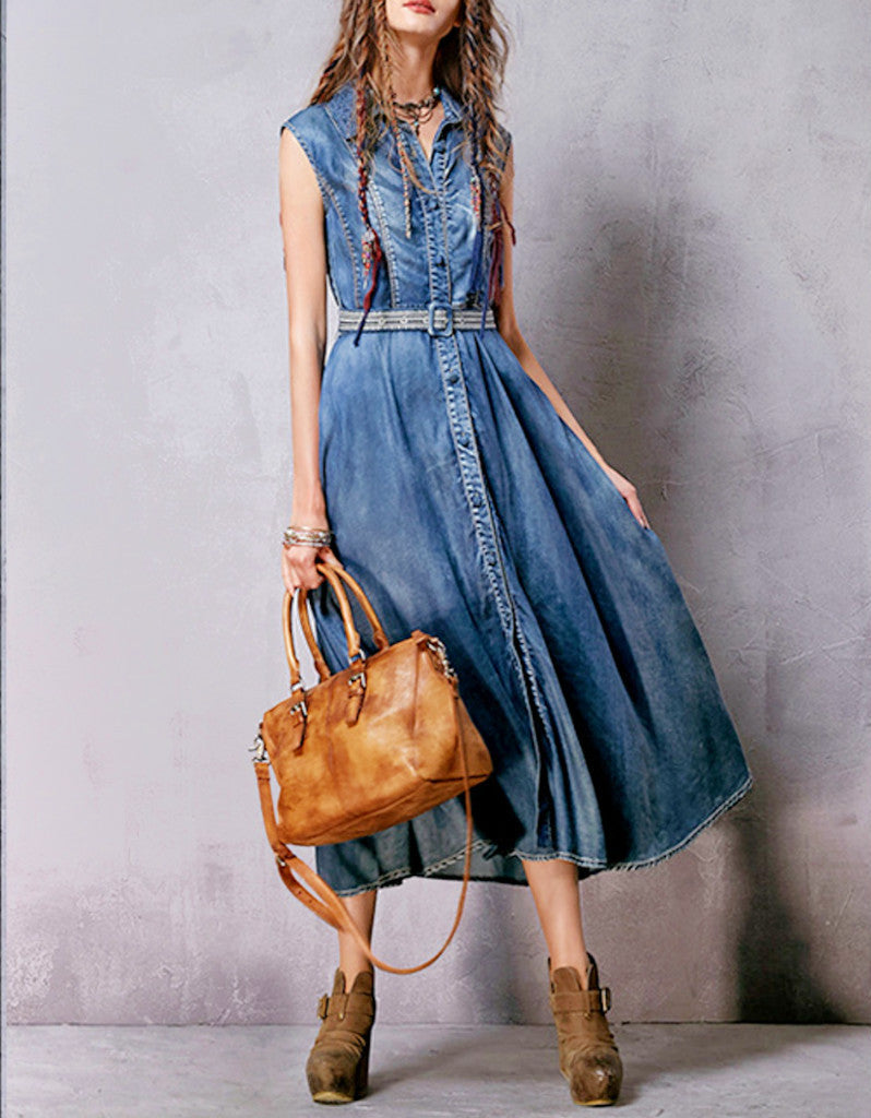 Sleeveless long flared denim dress