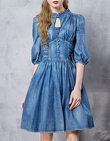 Mid-length sleeved front embroidery denim dress