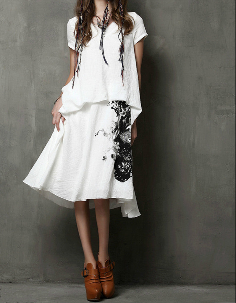 Short sleeve chinese-ink patterned dress