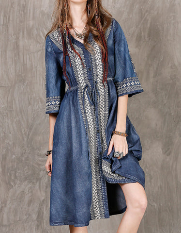 Embellished mid-length sleeve tailored denim mid-length dress