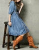 Mid-length sleeve front embroidery denim dress