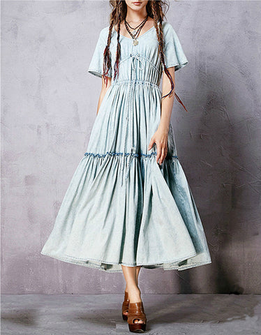 Mid-length sleeved front embroidery denim dress