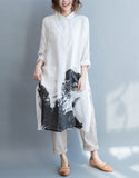 Oversized long sleeved shirt dress with Chinese painting