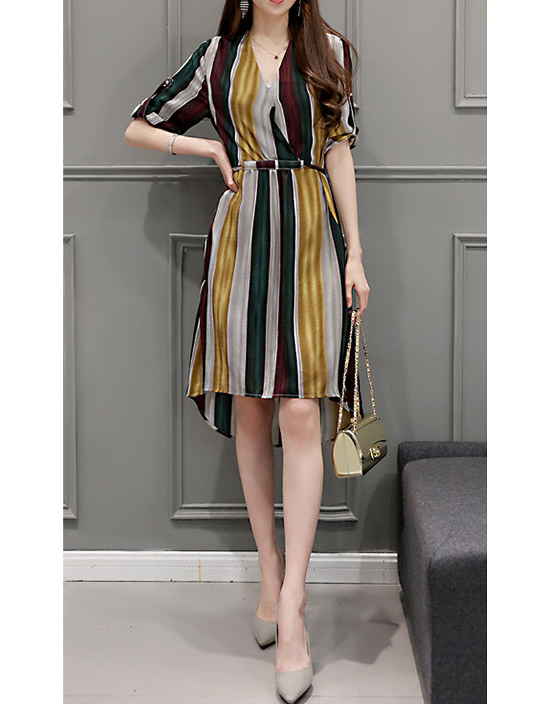 Multi-coloured striped dress with 3/4 sleeves