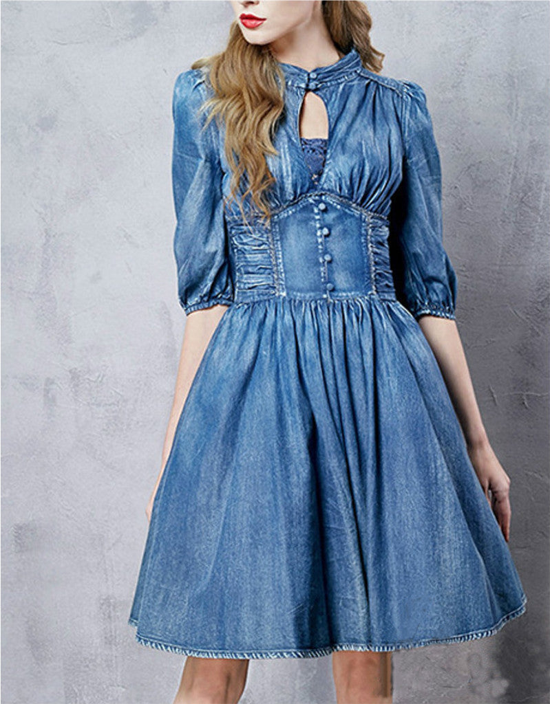 Front laced mid-length sleeve short denim dress