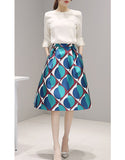 3/4-sleeve top with patterned mid-length skirt
