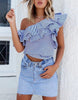 Off shoulder blue blouse with ruffles