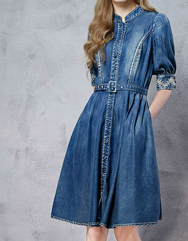 Front laced mid-length sleeve short denim dress