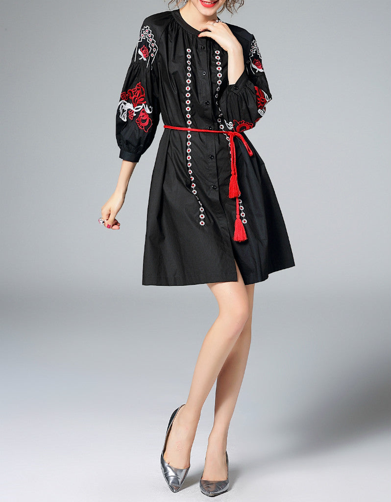 Poufed 3/4 sleeved short dress with embroidery (More colours)