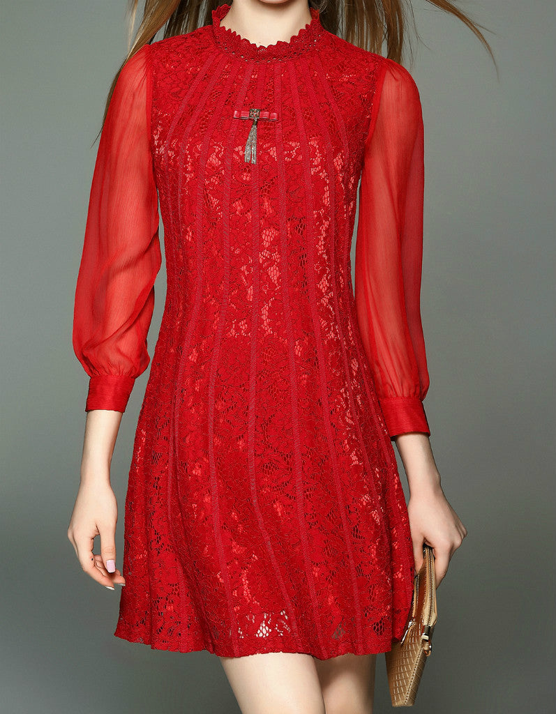 Long sleeve chiffon laced short dress (More colours)