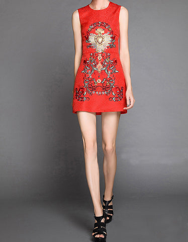 Sleeveless printed, beaded and embroidered short dress (More colours)