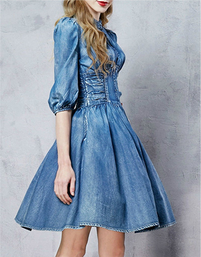 Front laced mid-length sleeve short denim dress