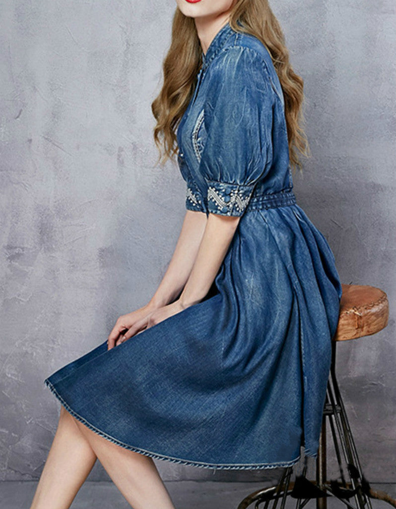 Mid-length embroidered sleeve short denim dress