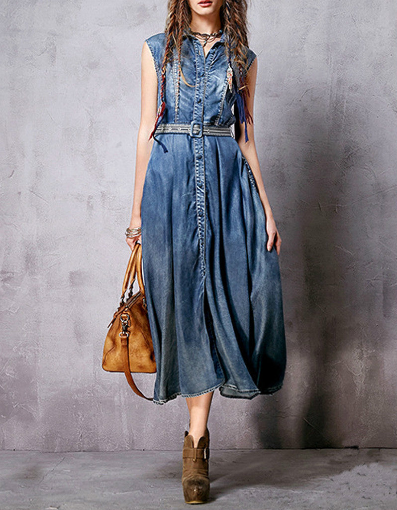 Sleeveless long flared denim dress