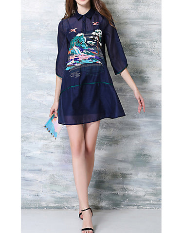 Front laced mid-length sleeve short denim dress