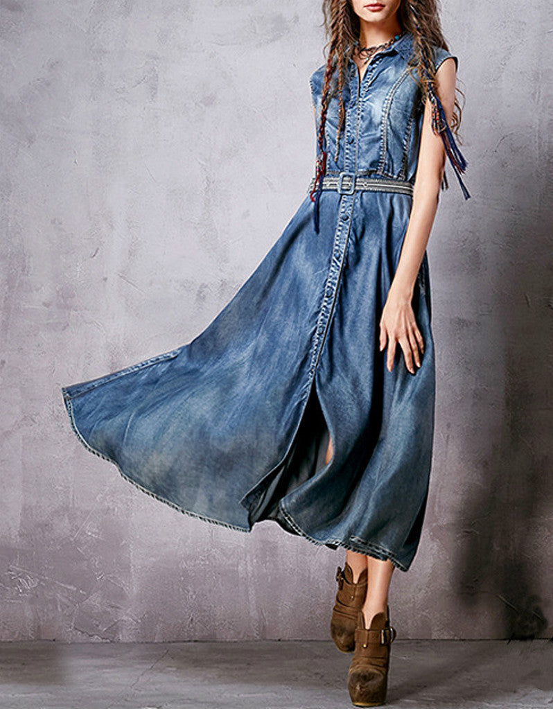 Sleeveless long flared denim dress – Sofiq