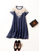 Short sleeve A-line denim dress with embroidery and beads