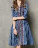 Mid-length sleeve front embroidery denim dress