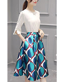 3/4-sleeve top with patterned mid-length skirt