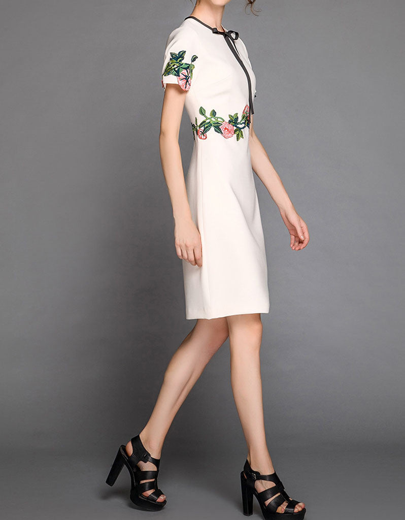 Short sleeve embroidered tailored mid-length dress (More colours)
