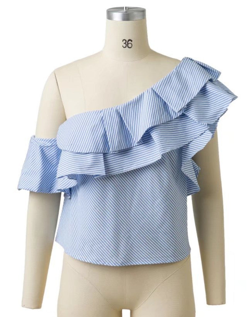 Off shoulder blue blouse with ruffles