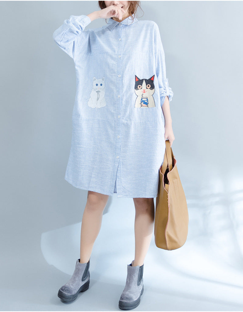 Oversized long sleeved striped shirt dress with kitty picture