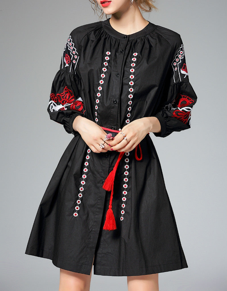 Poufed 3/4 sleeved short dress with embroidery (More colours)
