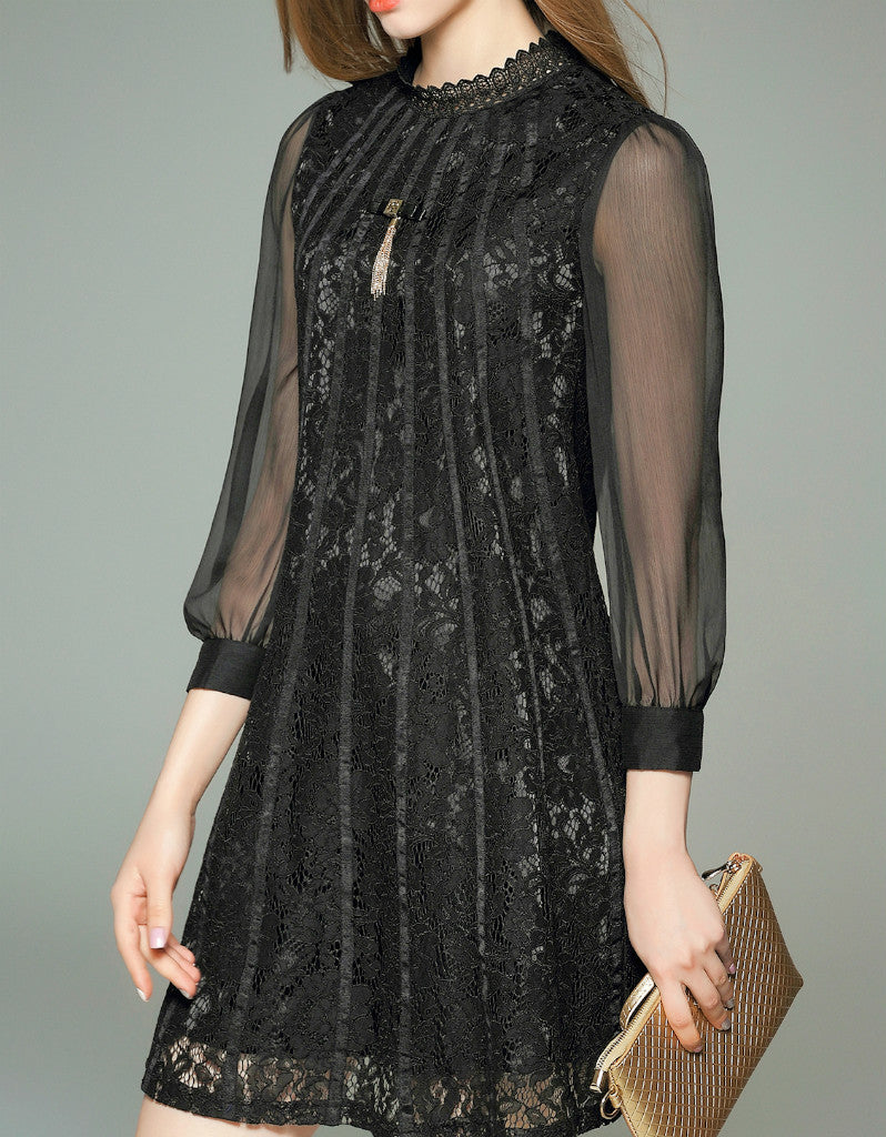 Long sleeve chiffon laced short dress (More colours)