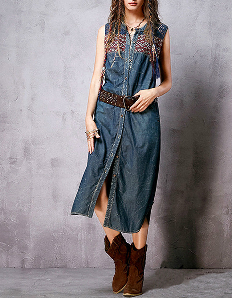 Sleeveless tailored long denim dress