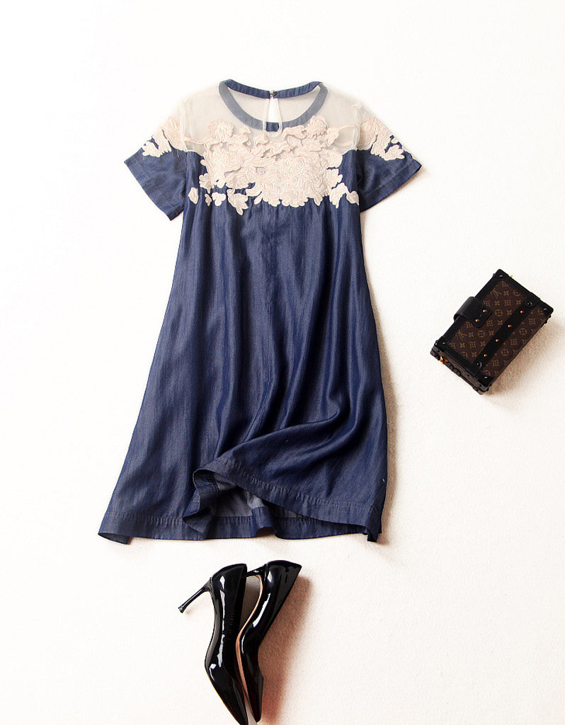 Short sleeve A-line denim dress with embroidery and beads