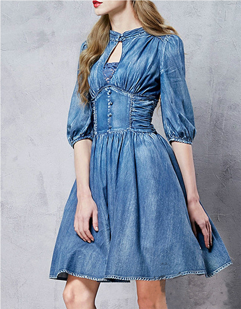 Front laced mid-length sleeve short denim dress