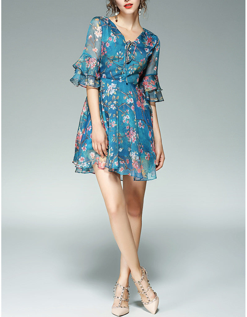 Mid-length flared sleeves short floral flared print dress