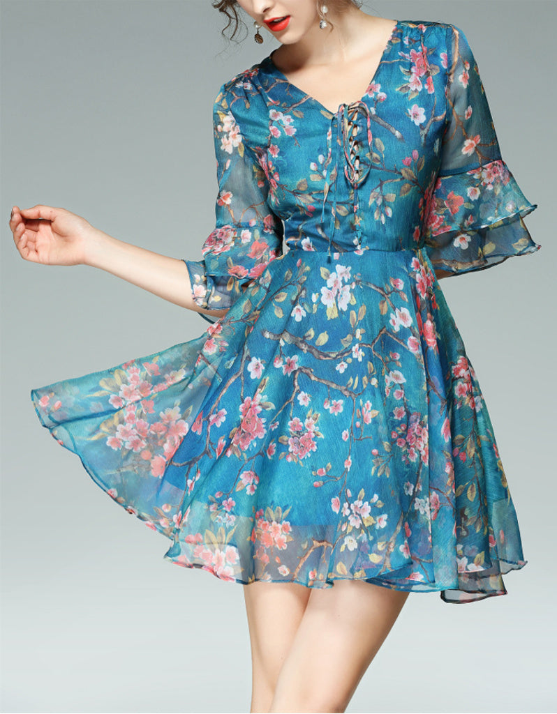 Mid-length flared sleeves short floral flared print dress