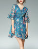 Mid-length flared sleeves short floral flared print dress