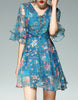 Mid-length flared sleeves short floral flared print dress