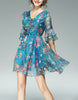 Mid-length flared sleeves short floral flared print dress