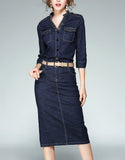 Embellished mid-length sleeve tailored denim mid-length dress