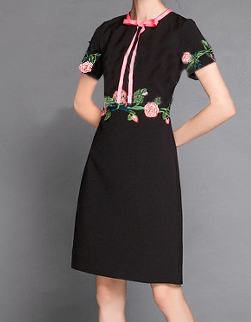 Short sleeve embroidered tailored mid-length dress (More colours)