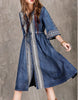 Mid-length sleeved front embroidery denim dress