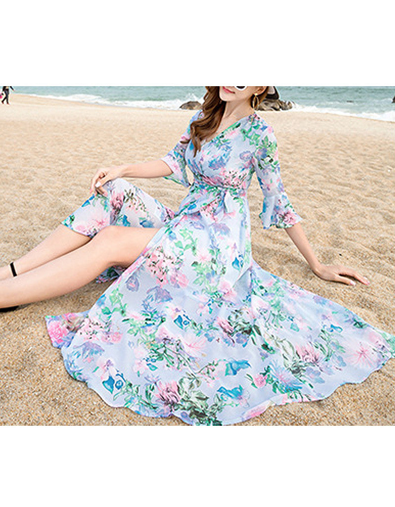 Floral mid-length sleeve floaty long dress