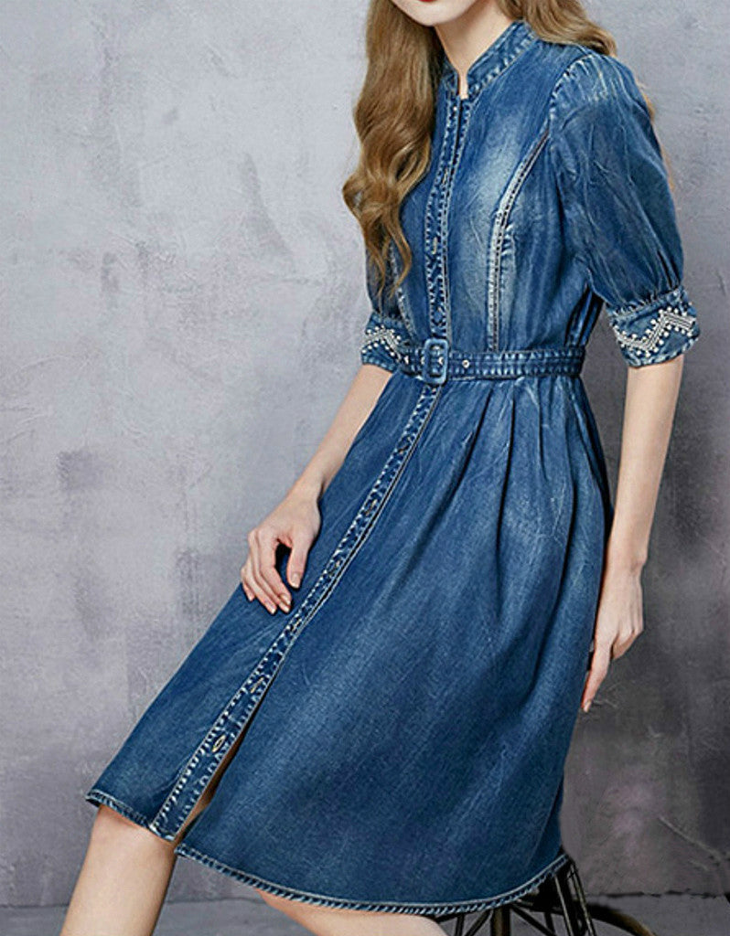 Mid-length embroidered sleeve short denim dress