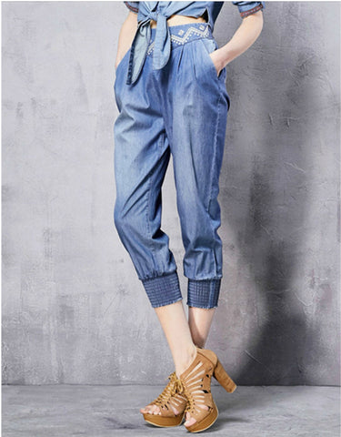 Embellished mid-length sleeve tailored denim mid-length dress