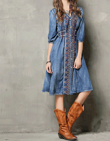 Mid-length embroidered sleeve short denim dress