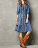 Mid-length sleeve front embroidery denim dress